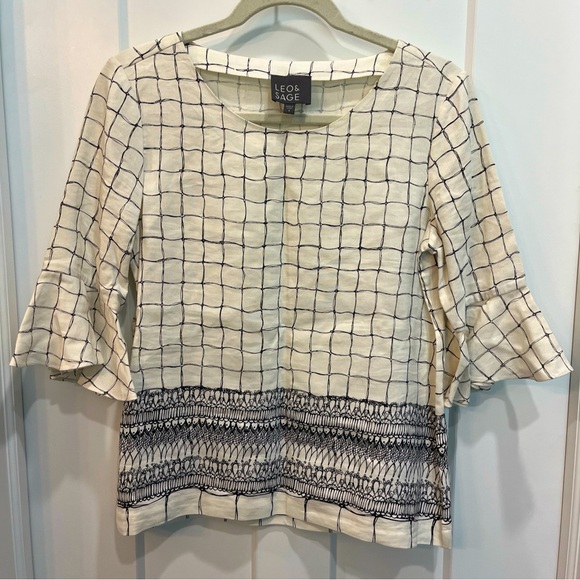 Leo & Sage Printed Silk & Linen 3/4 Length Sleeve Blouse Black & White Size S - Picture 1 of 8